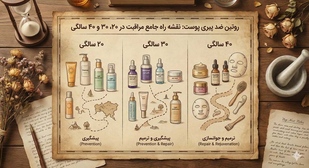 روتین ضد پیری پوست: نقشه راه جامع مراقبت در ۲۰، ۳۰ و ۴۰ سالگی